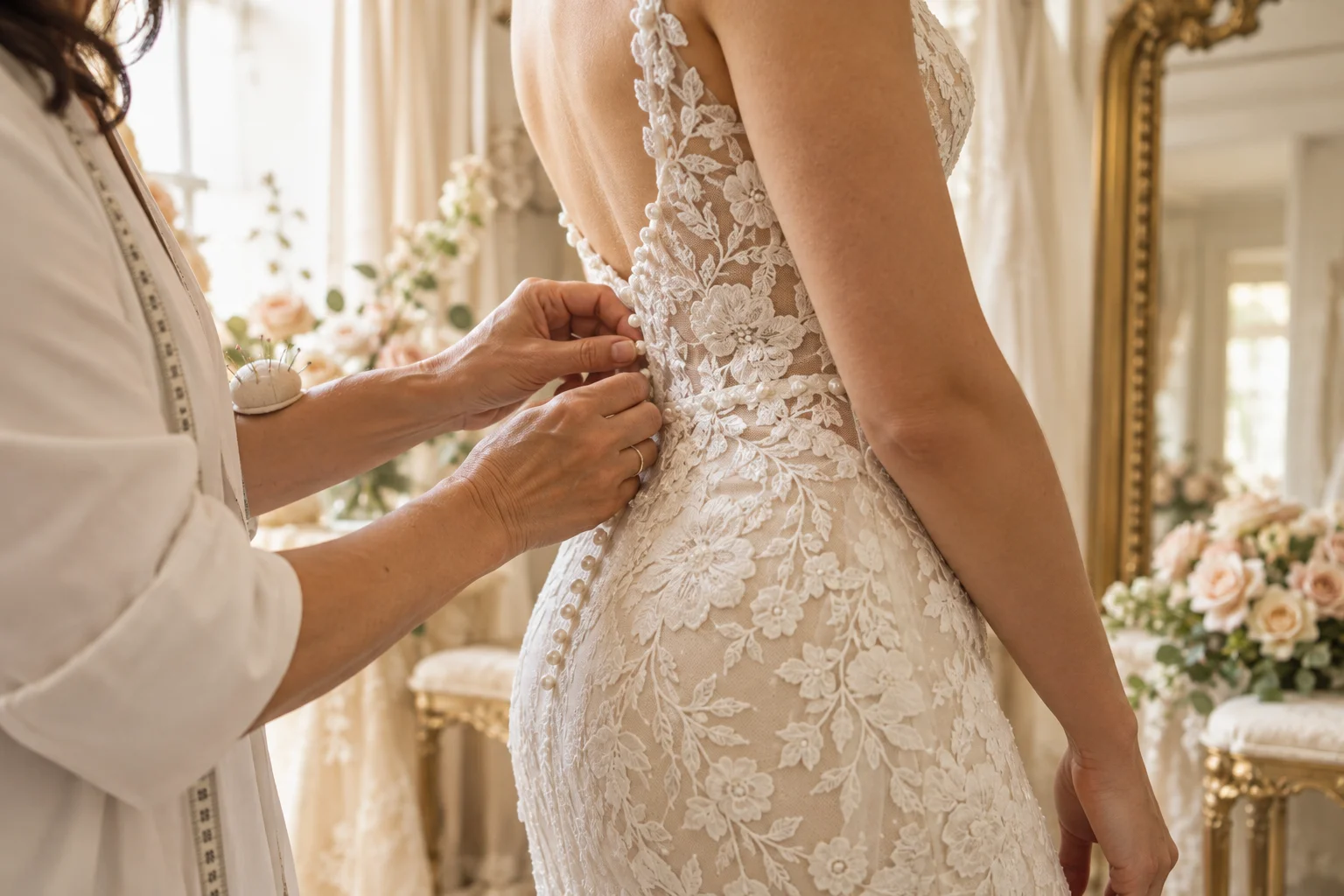 Detalle de manos ajustando el encaje y los botones de un vestido de novia en un atelier.