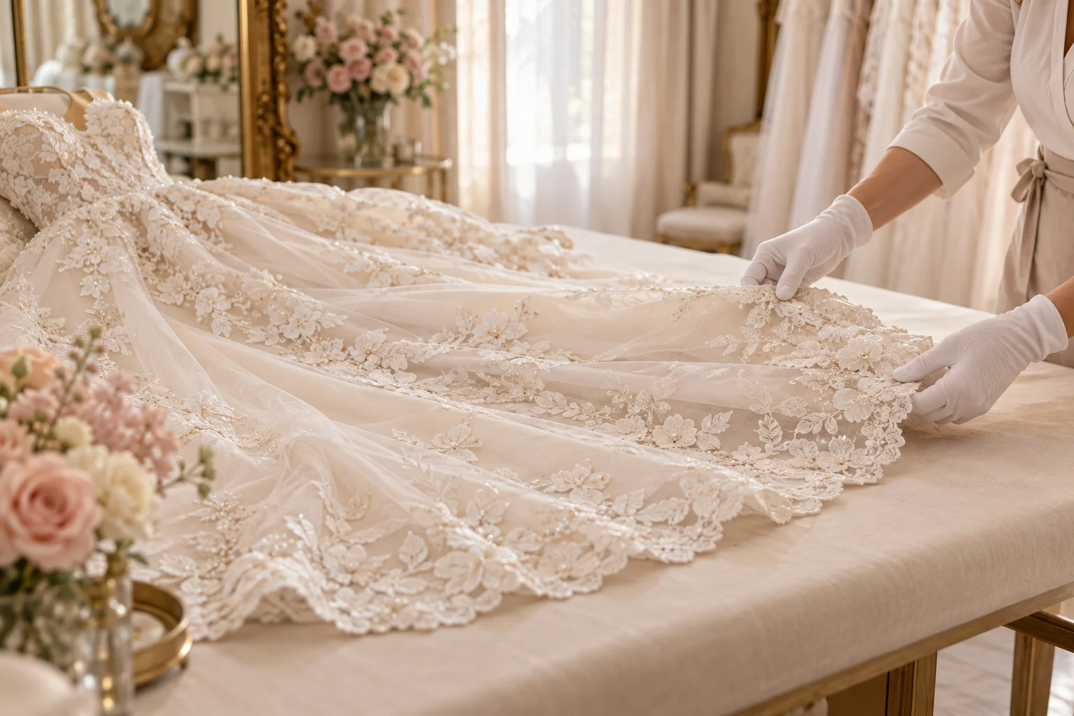 Evaluación cuidadosa del encaje de un vestido de novia sobre una mesa acolchada en un atelier.